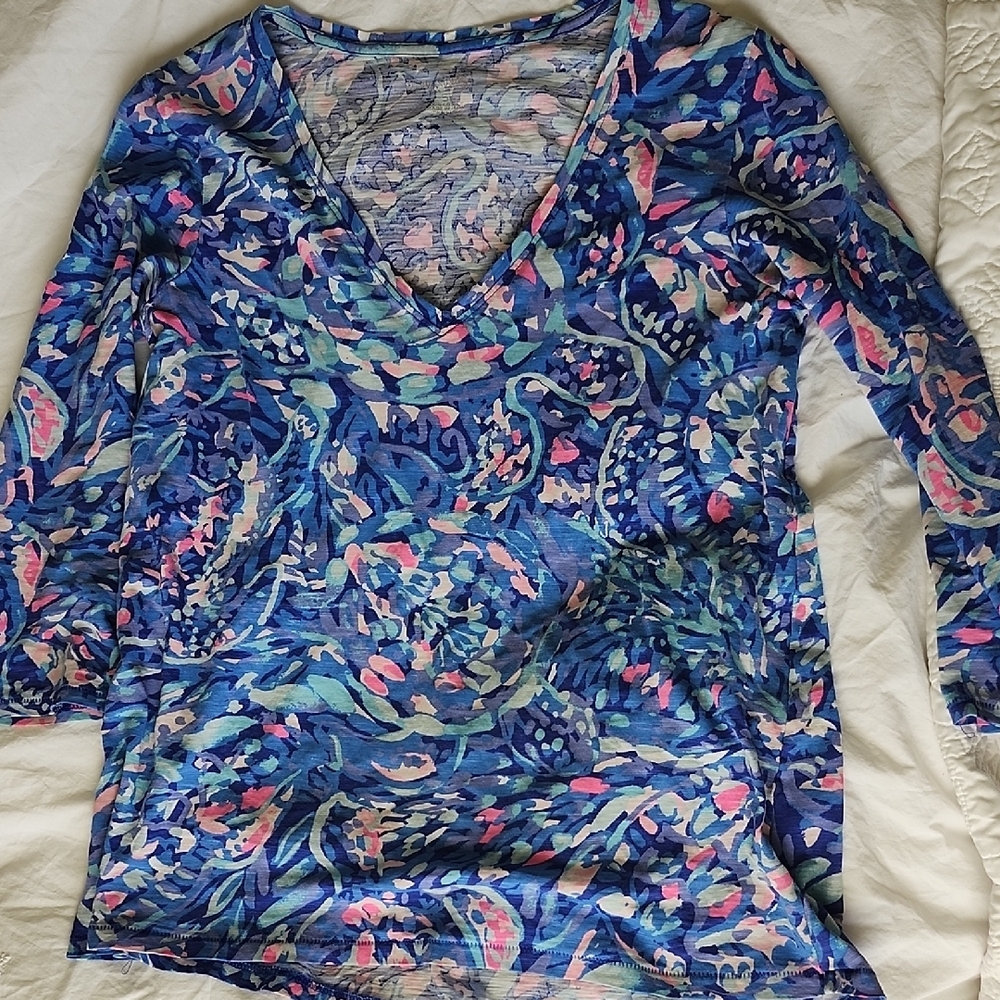 Lilly Pulitzer Blue and Pink Graphic Long Sleeve Tee